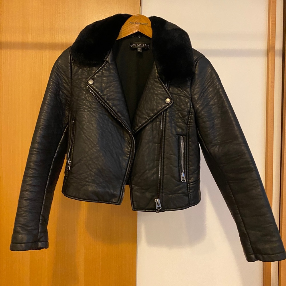 Topshop Leather Jacket with Removable Fur Collar